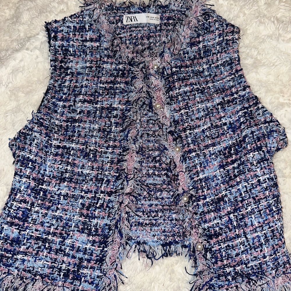 Zara Blue and Pink Tweed Vest